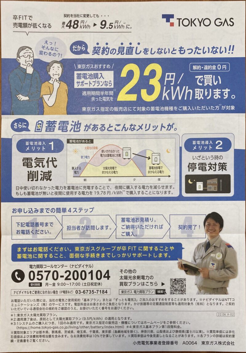 東京ガス　TOKYO GAS 卒FIT 蓄電池購入プラン　9.5円/kWh 23円/kWh